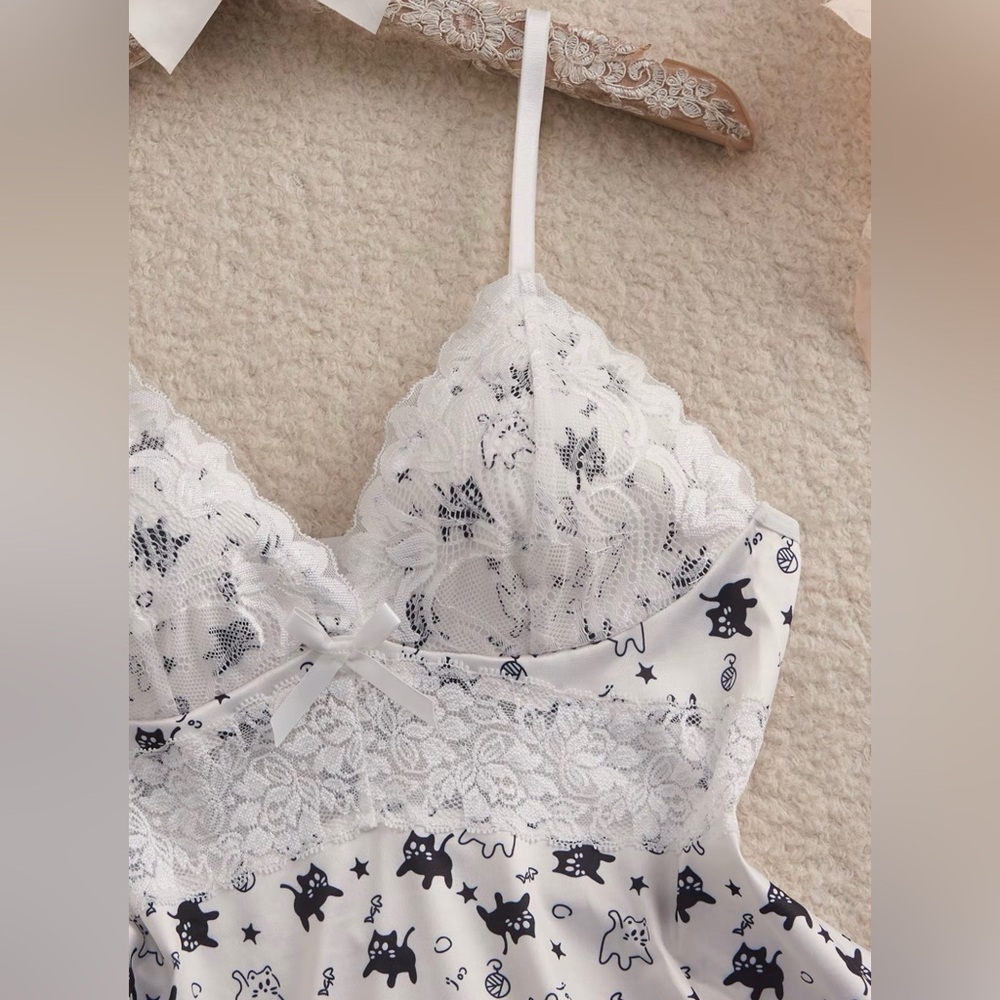 Cat Print Lace Sleepwear Set Lightweight Breathable Soft Jersey New Boutique - Picture 4 of 7